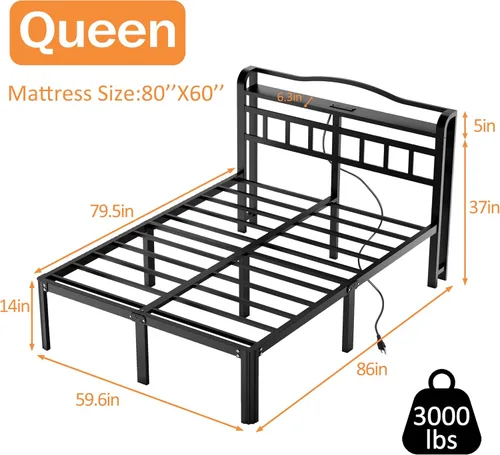 Miniatura 2 de Base de cama Queen con estación de carga y cabecero de 14 pulgadas, base de cama de metal grueso, base de colchón resistente, no necesita somier