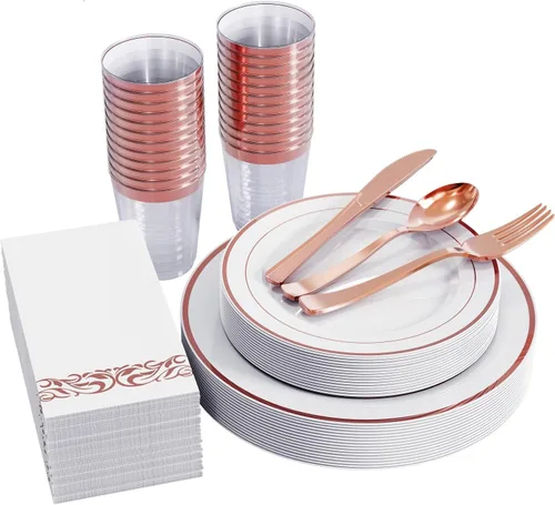 FOCUSLINE Juego de vajilla de 175 piezas de oro rosa para 25 invitados - Platos de plástico desechables de oro rosa con borde blanco resistentes,