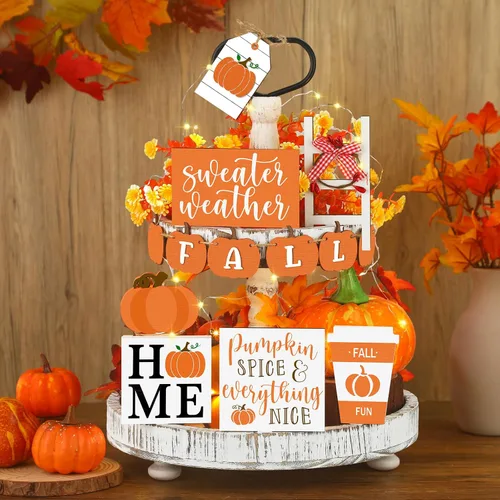 Miniatura 4 de Sumind Juego de 15 piezas de decoración de bandejas escalonadas de Acción de Gracias, decoraciones de otoño para el hogar, letreros de madera