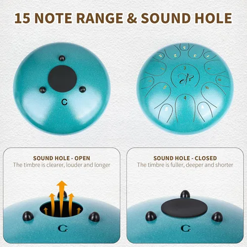 Miniatura 6 de Tambor de lengua de acero - 12 pulgadas 15 notas, tambores de lengua para niños y adultos, handpan de acero con mazos de tambor, hang drum con libro