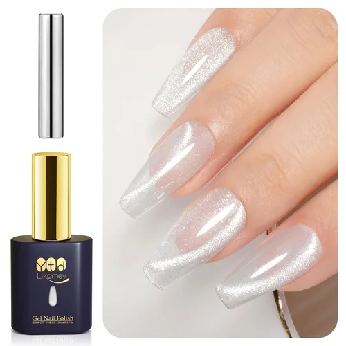 Miniatura 14 de YTD Likomey Juego de esmaltes de uñas de gel Cat Eye, 8 colores de verano con purpurina magnética de cristal con barra magnética, plateado, verde