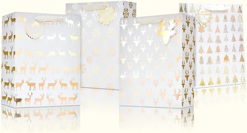 Miniatura 7 de UNIQOOO 12 bolsas de regalo de Navidad doradas metálicas a granel con etiqueta, grandes de 12.5 x 10.5 pulgadas, copos de nieve surtidos, renos