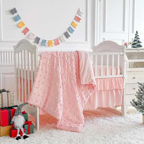 Miniatura 2 de Juego de ropa de cama rosa para cuna, edredón jacquard con lunares copetudos, sábana bajera y falda de cama, bonito bordado, bohemio, shabby chic