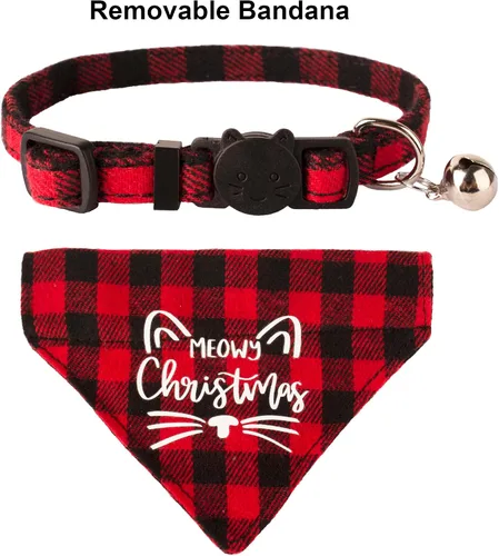 Miniatura 5 de ADOGGYGO - Collares de Navidad para gatos con campana, desmontables, paquete de 2, collares ajustables de Navidad a cuadros rojo y verde para gatos
