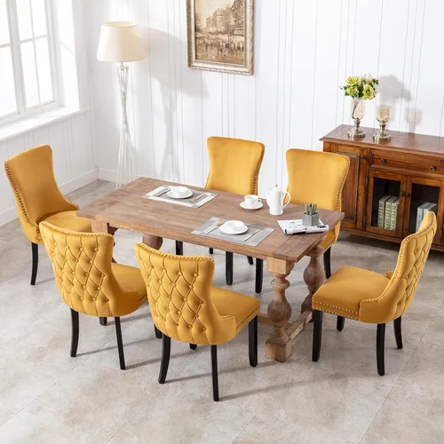 Miniatura 7 de OVENTA Juego de 4 sillas de comedor modernas tapizadas con respaldo completo, sillas de comedor de terciopelo dorado con patas de madera maciza