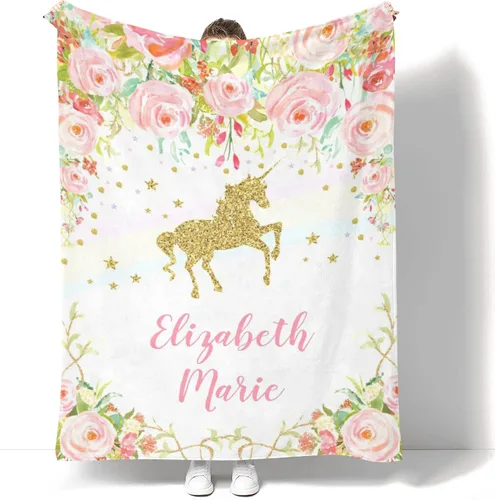 Miniatura 12 de Manta personalizada de unicornio floral para niñas, manta de bebé personalizada para niñas con nombre, regalos de bebé personalizados para niñas