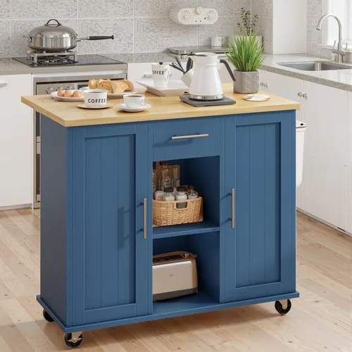Miniatura 7 de SUNLEI Carrito de isla de cocina rodante con ruedas, mesa de isla para cocina, carrito de cocina de granja con hojas colgantes y toallero y cajón