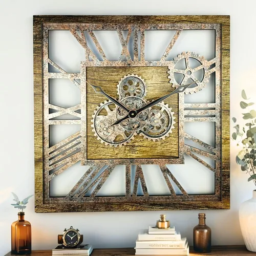ImprovingLife The Gears Clock - Reloj de pared cuadrado con engranaje móvil real de 24 pulgadas, estilo vintage, industrial, de gran tamaño, oro