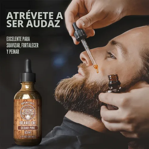 Miniatura 2 de Viking Revolution Aceite de cedro y pino para barba para hombres, suavizante natural de argán y jojoba, acondicionador para fortalecer e hidratar