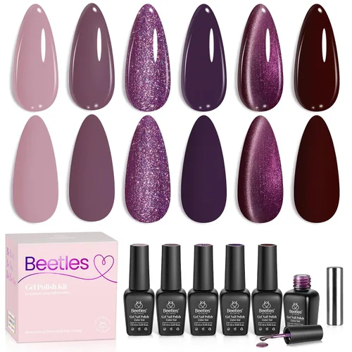 Miniatura 20 de Beetles - Juego Carnival Evergreen de 6 esmaltes de uñas de gel con purpurina, kit de 6 piezas con lámpara de remojo, aguacate, diseño de arte