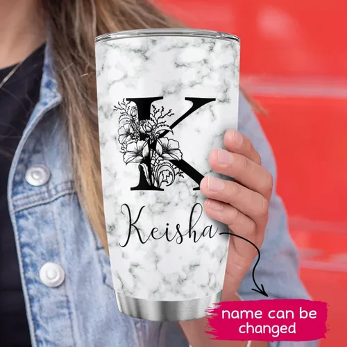 Miniatura 5 de Vaso de café de acero inoxidable personalizado con inicial y nombre, taza de café con monograma floral para niña, vaso de viaje de acero inoxidable