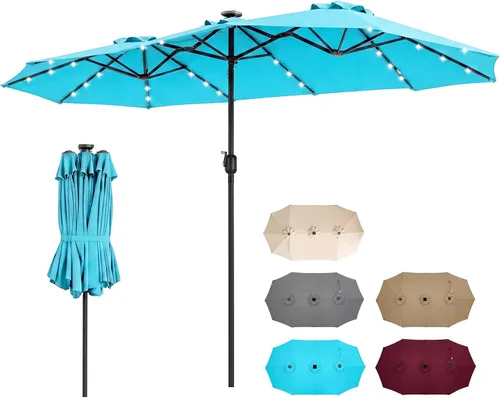 Miniatura 19 de Tangkula Sombrilla solar de patio de 13 pies, sombrilla de doble cara extra grande para mesa de mercado al aire libre con 36 luces LED, mango