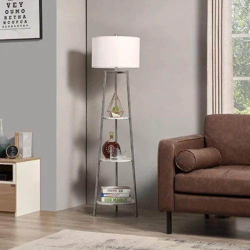 Miniatura 10 de Lámpara de pie ROSEN GARDEN, lámpara de lectura con estantes y pantalla de tela, lámpara de pie moderna alta, iluminación decorativa de acento