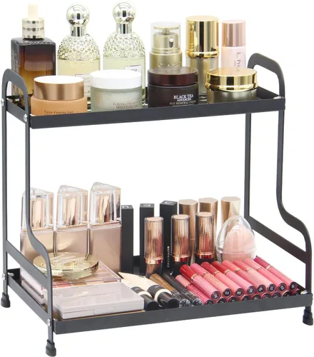 Estante organizador de metal de 2 niveles para baño y cocina, almacenamiento de encimera resistente, organizador de cosméticos y especias debajo del