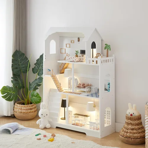 Miniatura 8 de Estantería de Casa de Muñecas de Madera - Estantería de Casa de Muñecas para Niños Pequeños, Espacio Extra para Almacenamiento de Juguetes y Libros