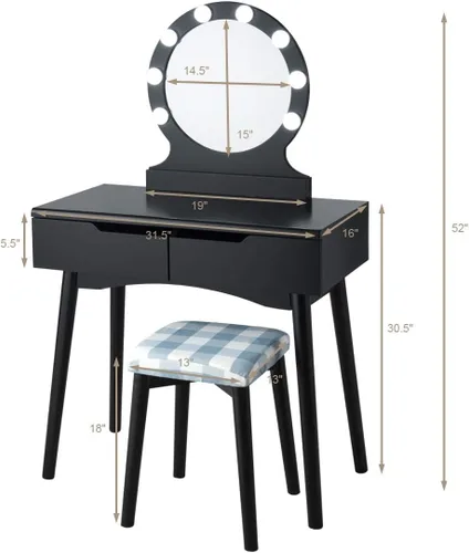 Miniatura 7 de Set de mesa de tocador Giantex con 8 bombillas y interruptor táctil, mesa de maquillaje para niñas princesa con espejo redondo grande, 2 cajones
