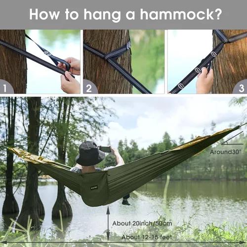 Miniatura 7 de G4Free Hamaca Grande para Acampar con Mosquitero para 2 Personas Pop-up Paracaídas Ligera Hamacas Colgantes Correas para Árboles Cama Columpio
