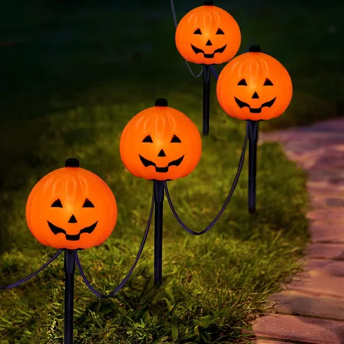 Miniatura 12 de Luces de Halloween para caminos al aire libre, 7 pies, luces de estaca de calabaza de Halloween con 4 bombillas LED C7 transparentes