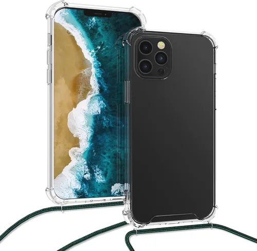 Miniatura 4 de kwmobile Funda cruzada compatible con Apple iPhone 12 Pro Max, funda transparente de TPU con correa de cable, color verde oscuro/transparente
