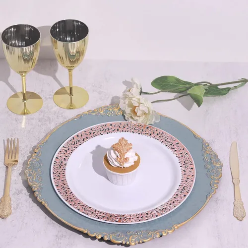 Miniatura 14 de Efavormart - Paquete de 6 platos barrocos redondos de oro rosa de 13 pulgadas, borde en relieve de hojas, perfecto para decoración de catering