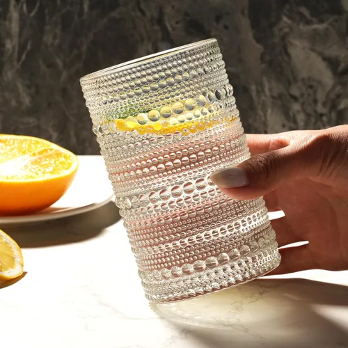Miniatura 7 de Moretoes Juego de Vasos para Beber Hobnail de 12, Vasos Altos de 12 Oz Transparentes con Relieve Embosado Estilo Boho, Vasos de Agua para Cocina