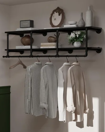 Miniatura 15 de Perchero montado en la pared de 12 pulgadas de profundidad, 42 pulgadas resistente con estante de madera de nogal real, barra de colgar multiusos
