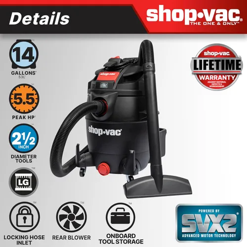 Miniatura 4 de Shop-Vac 5801411 Aspiradora de taller húmedo/seco de 14 galones, 5.5 CV pico, 2.5 pulgadas de diámetro x manguera de 7 pies, cable de 20 pies, ideal