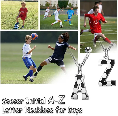 Miniatura 5 de AIAINAGI Collar de fútbol con letra A-Z para niños, dije de fútbol de acero inoxidable, cadena de plata de 22 pulgadas, regalo de fútbol
