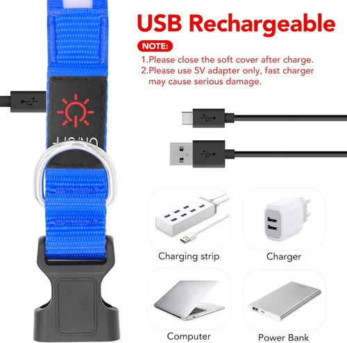 Miniatura 3 de Vizpet Collar para perro con luz LED, ajustable, recargable por USB, superbrillante, luz de seguridad brillante para perros (mediano, azul)