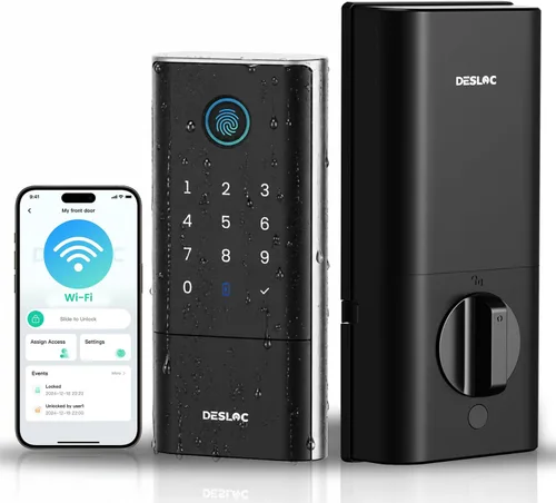 DESLOC Smart Lock K120, cerradura de puerta delantera sin llave de huellas dactilares, cerrojo electrónico WiFi, batería de iones de litio de 16