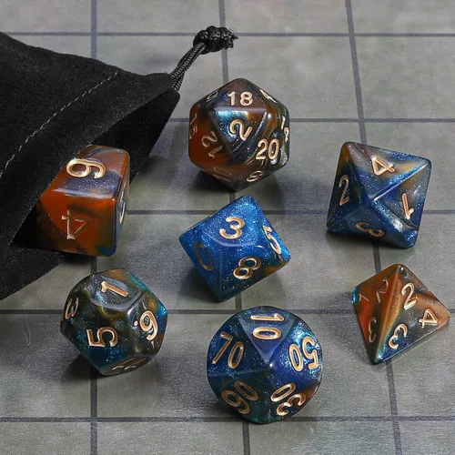 Miniatura 6 de CiaraQ DND - Juego de dados poliédricos con una bolsa de dados negra para juegos de mesa de rol D&D RPG MTG Azul mezclado con marrón + purpurina