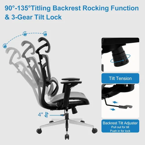 Miniatura 8 de Silla de oficina ergonómica, silla de escritorio de malla con respaldo alto y respaldo ajustable y cojín lumbar y ancho, silla de trabajo grande