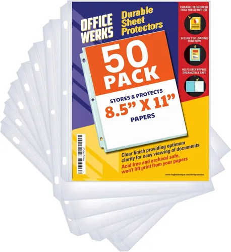 Office Werks - 50 protectores de hojas transparentes para carpeta de 3 anillos, 8.5x11 pulgadas; protectores de página con carga superior y agujeros