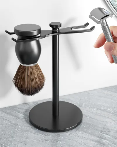 pickpiff Soporte para Maquinilla de Afeitar de Seguridad con Portacepillos, Soporte de Afeitado de Metal Resistente Negro para Hombres, Aberturas