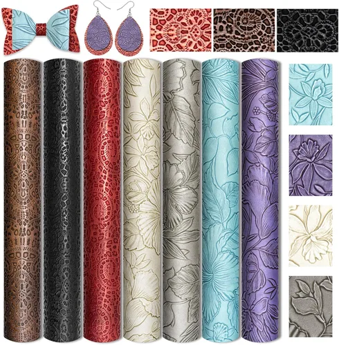 Miniatura 4 de 7 hojas de piel sintética en relieve para hacer aretes y monederos, 8.2 x 11.8 pulgadas con hojas de flores en relieve, hojas de tela sintética