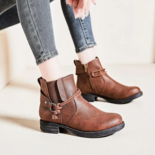 Miniatura 5 de Ataiwee Botines para mujer, tacón grueso con cremallera lateral, botines cortos de moda.