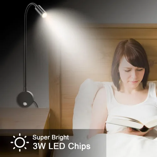 Miniatura 4 de Luz de lectura LED montada en la pared con cuello de cisne flexible de 15 pulgadas, luz de libro regulable para leer en la cama con puerto de carga