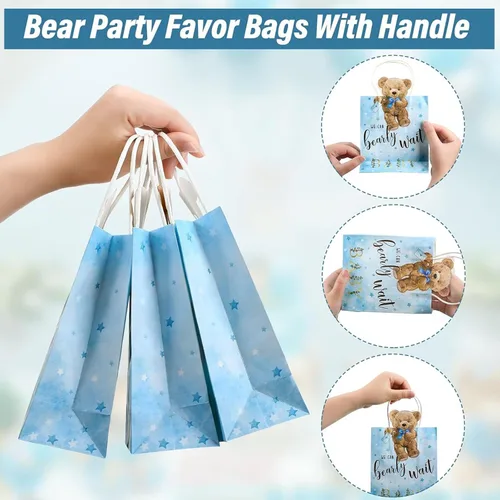 Miniatura 4 de Tinlade - 16 bolsas de regalo de oso para baby shower, We Can Bearly Wait, bolsas de regalos con asas, para baby shower, regalos para recién Azul