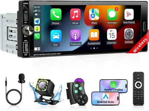 Miniatura 10 de Estéreo de radio DIN único para automóvil con Apple Carplay inalámbrico y Android Auto, pantalla táctil IPS de 5.7 pulgadas estéreo para automóvil