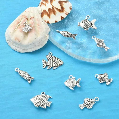 Miniatura 4 de LiQunSweet 100 piezas de 10 estilos antiguos de vida oceánica, dijes de peces de animales marinos para manualidades, collares, pulseras