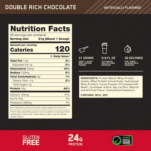 Miniatura 3 de Optimum Nutrition Gold Standard 100% proteína de suero en polvo, chocolate doble rico, 1.98 libras (el embalaje puede variar)
