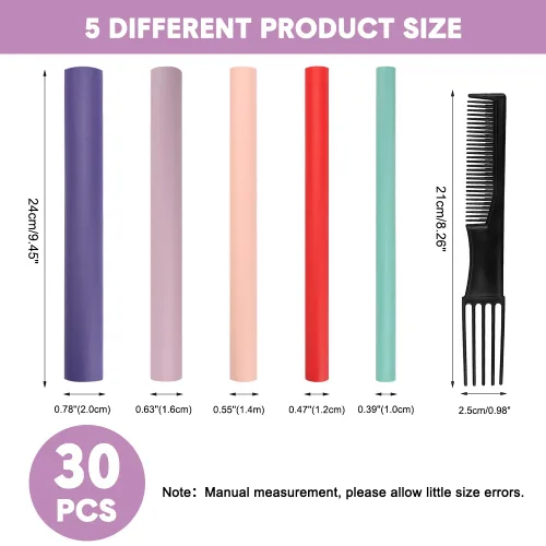Miniatura 4 de Rizadores de cabello flexibles para dormir, 30 varillas flexibles (9.45" y 5 tamaños 0.39"-0.78"), conjunto de rizado sin calor para cabello corto