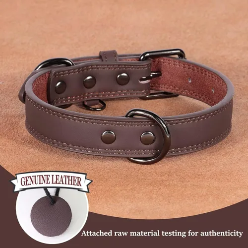 Miniatura 2 de Didog Collar de perro de cuero genuino para perros pequeños, duradero y suave, con anillos dobles en D y hebilla de metal, marrón, S