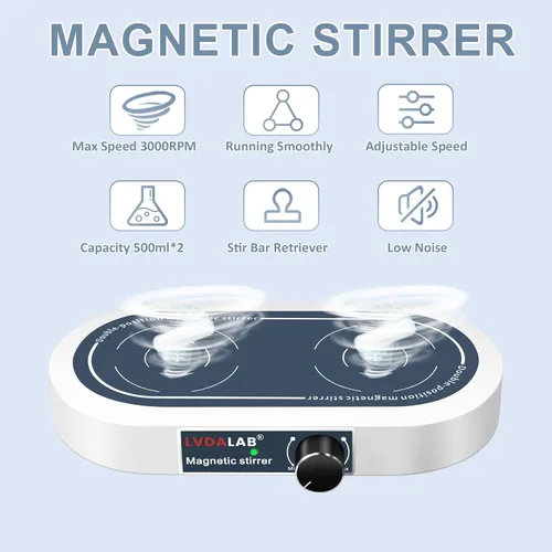 Miniatura 2 de Agitador magnético doble, placa de agitación magnética de 2 posiciones de 3000 rpm, 2 agitadores magnéticos multiposición de 16.9 fl oz con 2 barras