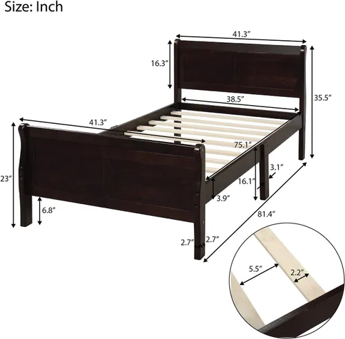 Miniatura 2 de MERITLINE Base de cama de madera tamaño individual con cabecero y estribo, cama de plataforma para niños con soporte de listones, no necesita