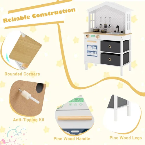 Miniatura 5 de Costzon Cocina de Juguete para Niños, Juguete de Cocina Montessori Little Chef con 2 Estufas, Perillas Giratorias, Grifo, Fregadero, Lavavajillas, 2
