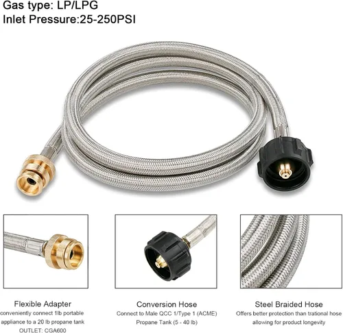 Miniatura 2 de Uniflasy Adaptador de manguera de propano de 1 libra a 20 libras, tanque de propano trenzado de acero inoxidable duradero que conecta la manguera
