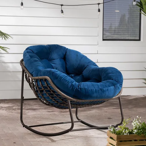 Miniatura 8 de Mecedora de gran tamaño para interiores, cómoda silla mecedora de pana con cojín grueso y marco, silla mecedora grande de mimbre para sala de estar