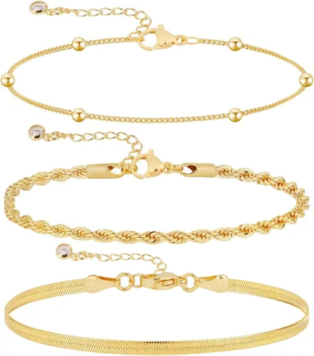 Miniatura 8 de VENOCO Pulseras de oro para mujer, delicadas pulseras de cuentas de oro de 14 quilates, conjuntos de pulseras de espiga ajustables en capas