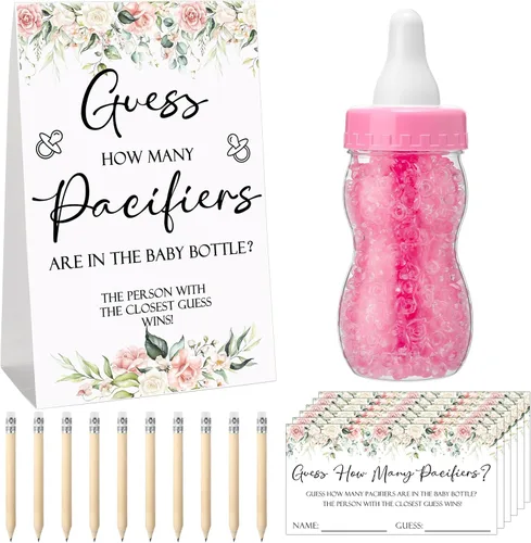 Miniatura 19 de Roowest 512 piezas de juegos de baby shower Adivina cuántos chupetes letrero, 100 pequeños juegos de adivinanzas, 10 lápices HB, botella de leche